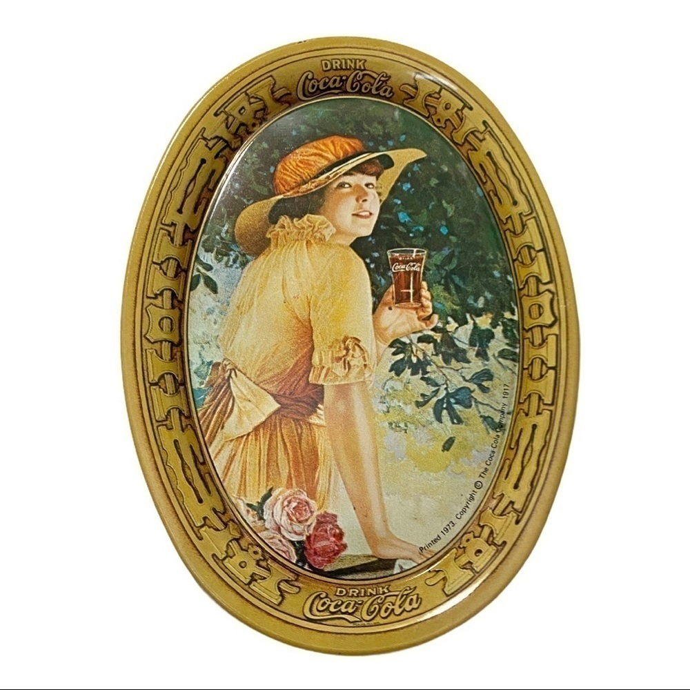 Vintage 1973 Coca Cola Girl Oval Mini Tin Tip Tray